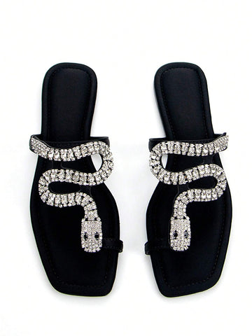 Women's Glamorous 3D Snake Crystal Chain Toe Slip-On Flat Mule Sandals