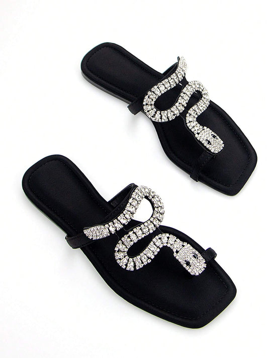 Women's Glamorous 3D Snake Crystal Chain Toe Slip-On Flat Mule Sandals