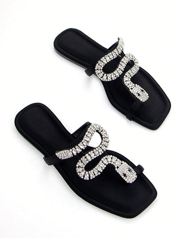Women's Glamorous 3D Snake Crystal Chain Toe Slip-On Flat Mule Sandals