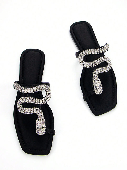 Women's Glamorous 3D Snake Crystal Chain Toe Slip-On Flat Mule Sandals