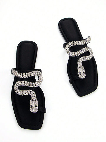 Women's Glamorous 3D Snake Crystal Chain Toe Slip-On Flat Mule Sandals