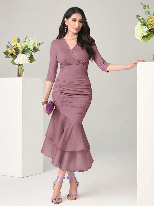 Modely Solid Color V Neck Fit & Flare Dress With Ruffle Hem And Fishtail Dress