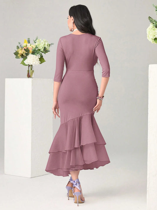 Modely Solid Color V Neck Fit & Flare Dress With Ruffle Hem And Fishtail Dress