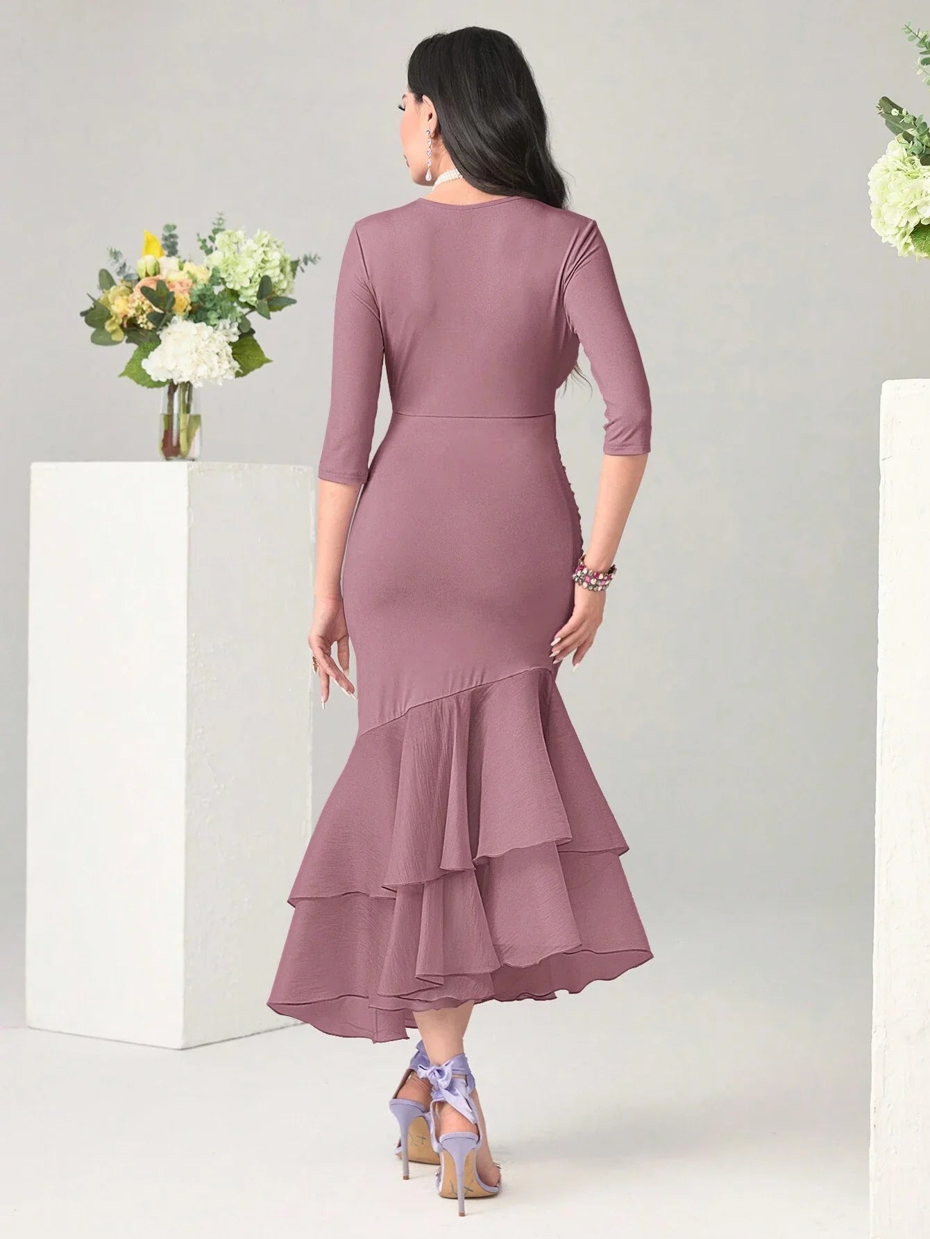 Modely Solid Color V Neck Fit & Flare Dress With Ruffle Hem And Fishtail Dress