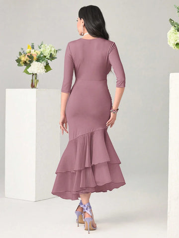 Modely Solid Color V Neck Fit & Flare Dress With Ruffle Hem And Fishtail Dress