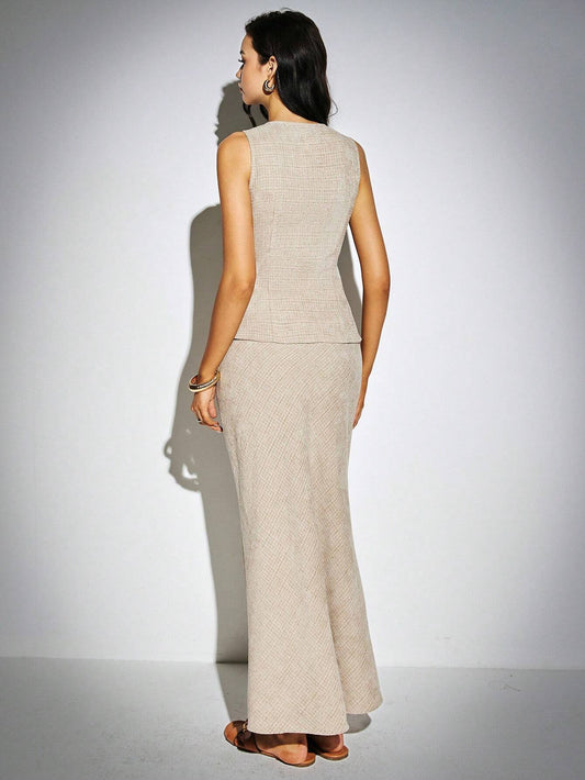 Po�selle 2pcs Excellent Minimalist Sharp And Fashionable, Sleeveless Single-Breasted Vest And Skirt Set