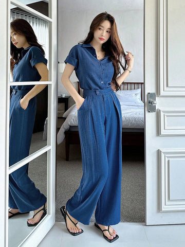 DAZY 2pcs Women Solid Color Blouse And Fashionable Wide Leg Pants Set