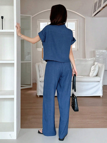 DAZY 2pcs Women Solid Color Blouse And Fashionable Wide Leg Pants Set