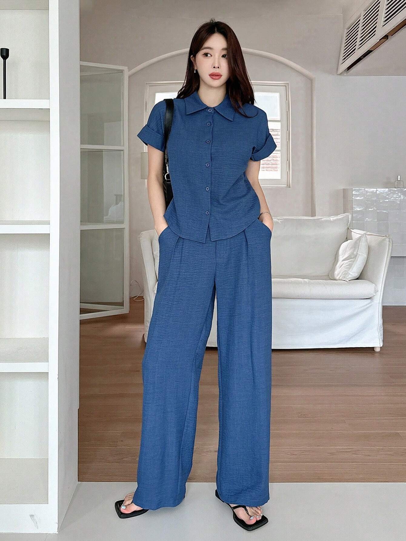 DAZY 2pcs Women Solid Color Blouse And Fashionable Wide Leg Pants Set