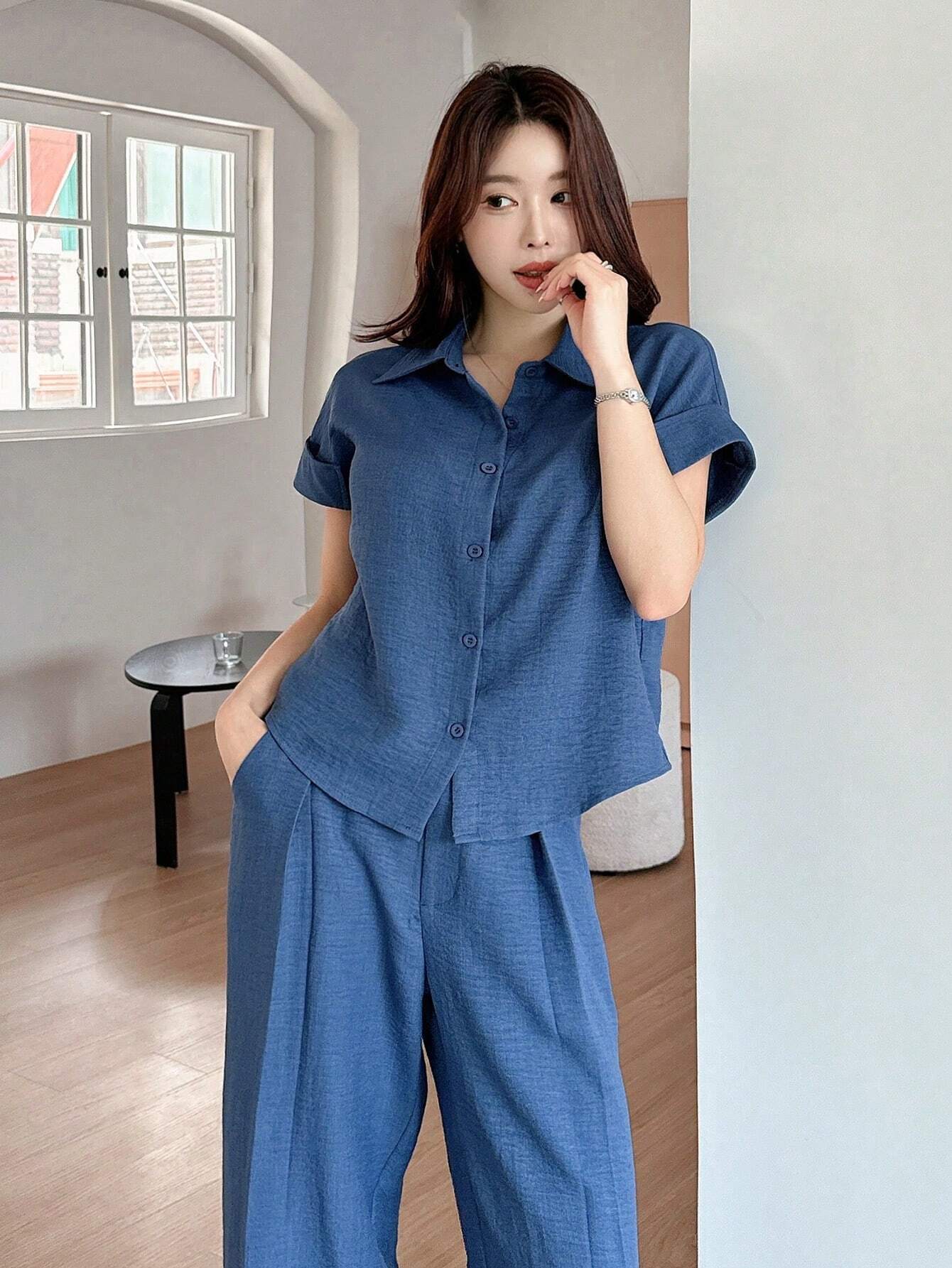 DAZY 2pcs Women Solid Color Blouse And Fashionable Wide Leg Pants Set