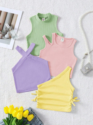 Young Girl Knitted Solid Cropped Casual Tank Top 4pcs Set