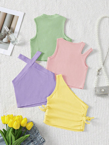 Young Girl Knitted Solid Cropped Casual Tank Top 4pcs Set