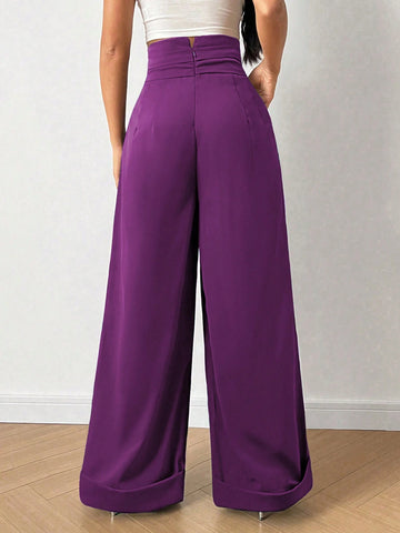 Relaxiva Solid High Waist Plicated Detail Wide Leg Pants