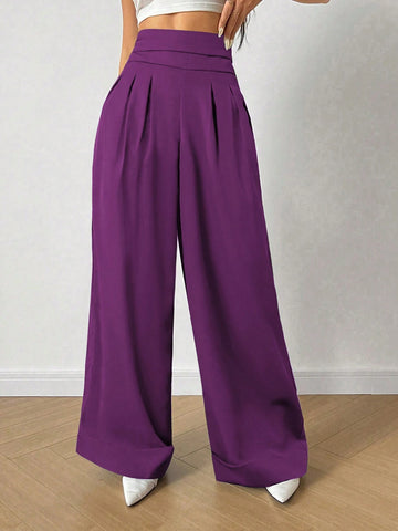 Relaxiva Solid High Waist Plicated Detail Wide Leg Pants