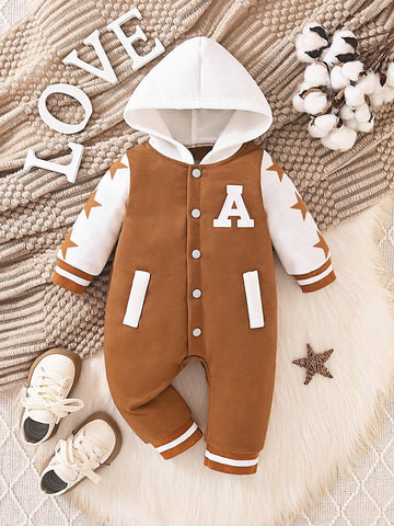 Baby Boy Letter Graphic Colorblock Hooded Jumpsuit