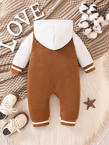 Baby Boy Letter Graphic Colorblock Hooded Jumpsuit