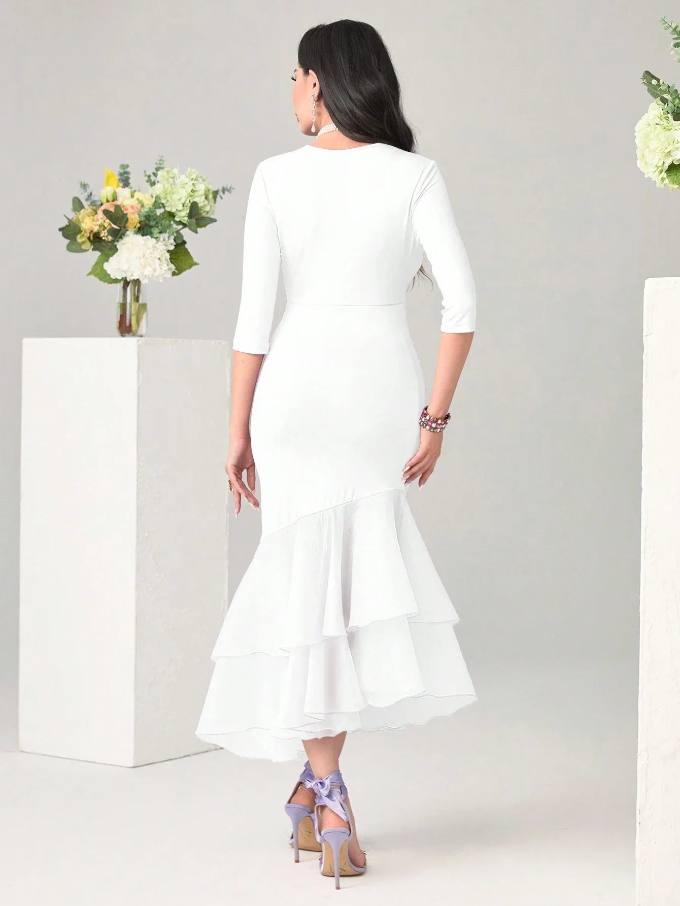 Modely Solid Color V Neck Fit & Flare Dress With Ruffle Hem And Fishtail Dress