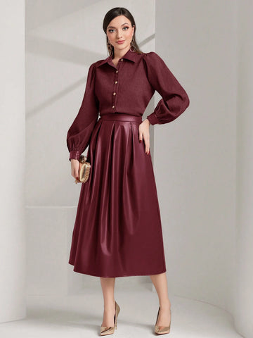 Modely 2pcs Women Elegant Solid Color Lantern Sleeve Shirt And Pleated Long Skirt Set