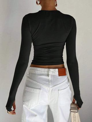 Round Neck Long Sleeve Fitted Casual T-Shirt