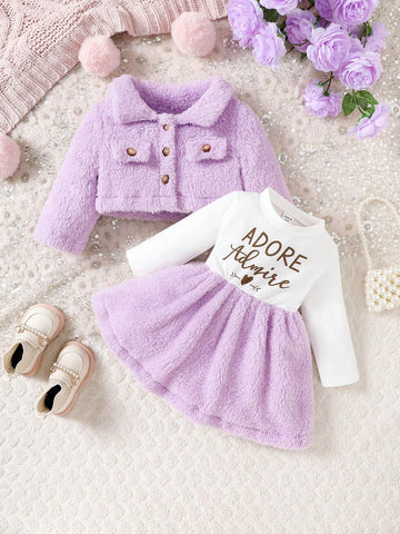 Baby Girl And Child (Girls) Suit Lapel Furry Coat + Letter Printed Long-Sleeved Dress Two-Piece Set