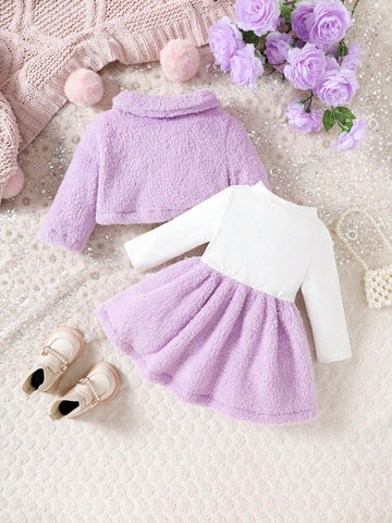 Baby Girl And Child (Girls) Suit Lapel Furry Coat + Letter Printed Long-Sleeved Dress Two-Piece Set