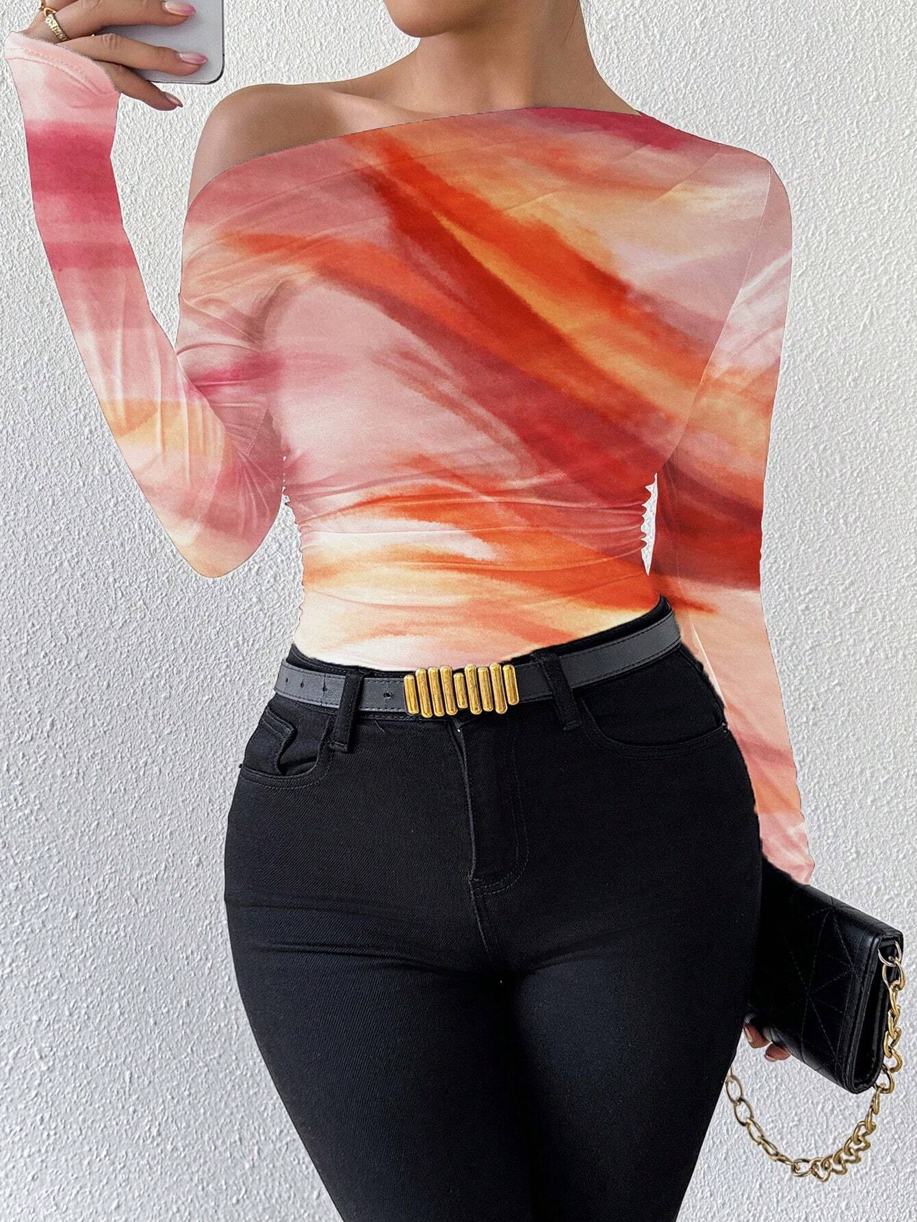 Priv� Marble Ombre Print Asymmetric Ruched Long Sleeve Top