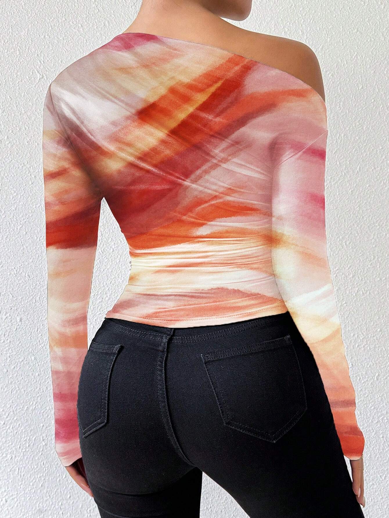 Priv� Marble Ombre Print Asymmetric Ruched Long Sleeve Top
