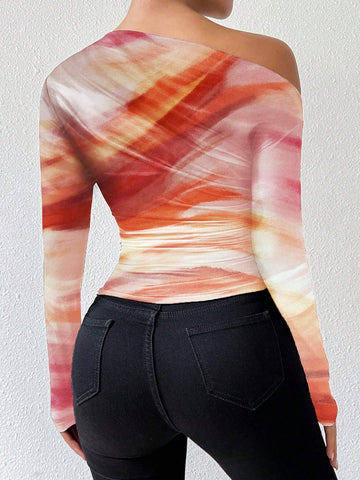 Priv� Marble Ombre Print Asymmetric Ruched Long Sleeve Top