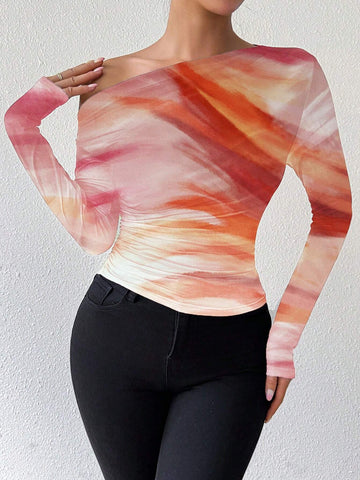 Priv� Marble Ombre Print Asymmetric Ruched Long Sleeve Top