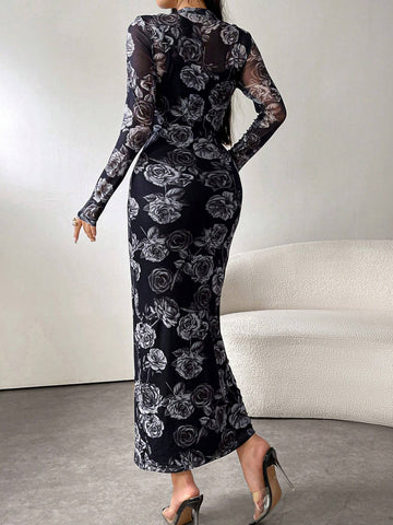 Modely Women's Floral Print Dress, Elegant Long Sleeve Fitted Dress