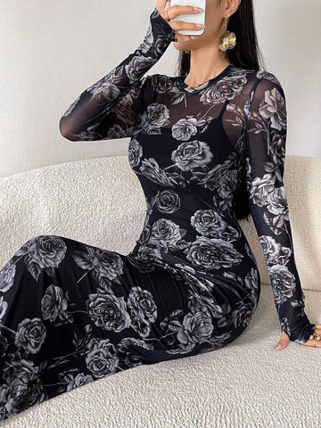 Modely Women's Floral Print Dress, Elegant Long Sleeve Fitted Dress