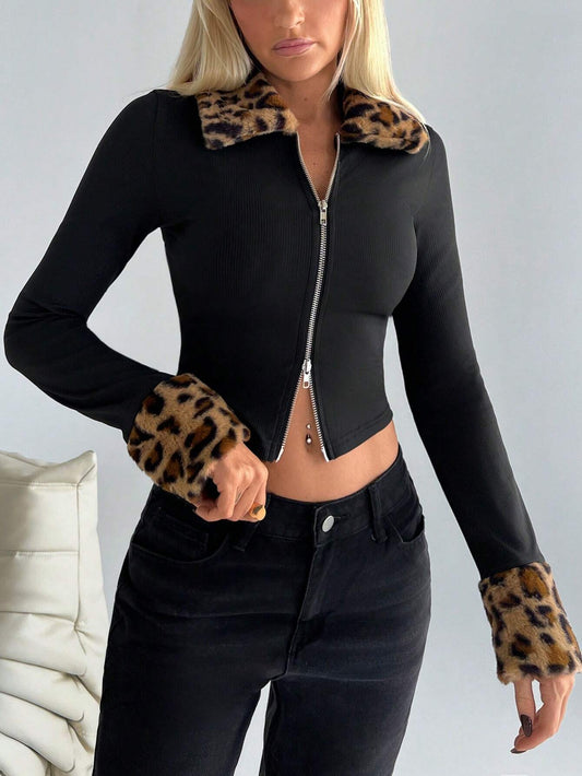 EZwear Women's Spring & Autumn Leopard Print Panel Fleece Lapel Long Sleeve Zip Front Fitted Jacket