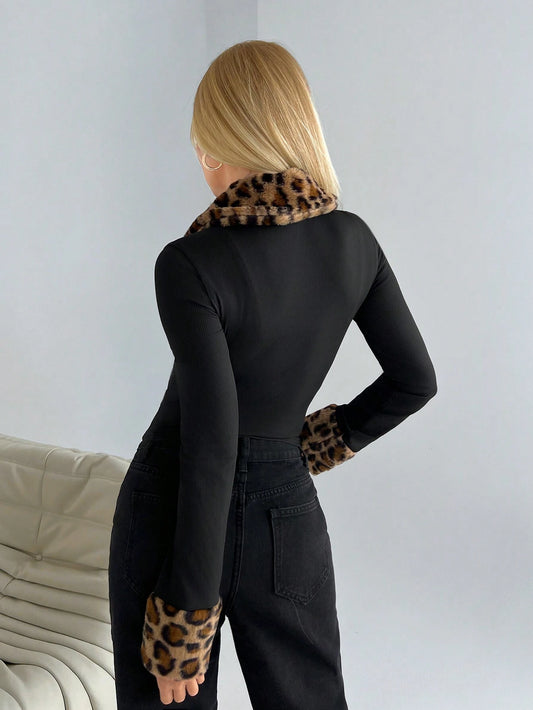 EZwear Women's Spring & Autumn Leopard Print Panel Fleece Lapel Long Sleeve Zip Front Fitted Jacket