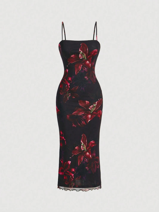 MOD Red Floral Print Mesh Slip Dress