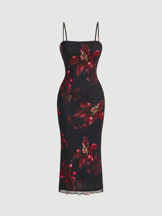 MOD Red Floral Print Mesh Slip Dress