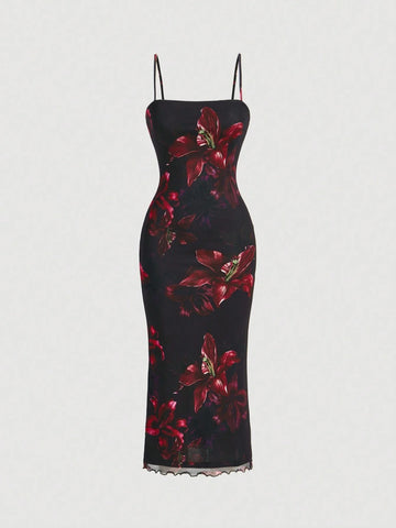 MOD Red Floral Print Mesh Slip Dress