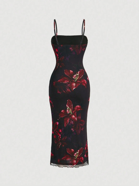 MOD Red Floral Print Mesh Slip Dress