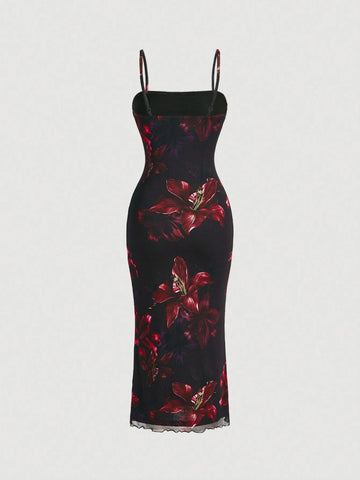 MOD Red Floral Print Mesh Slip Dress