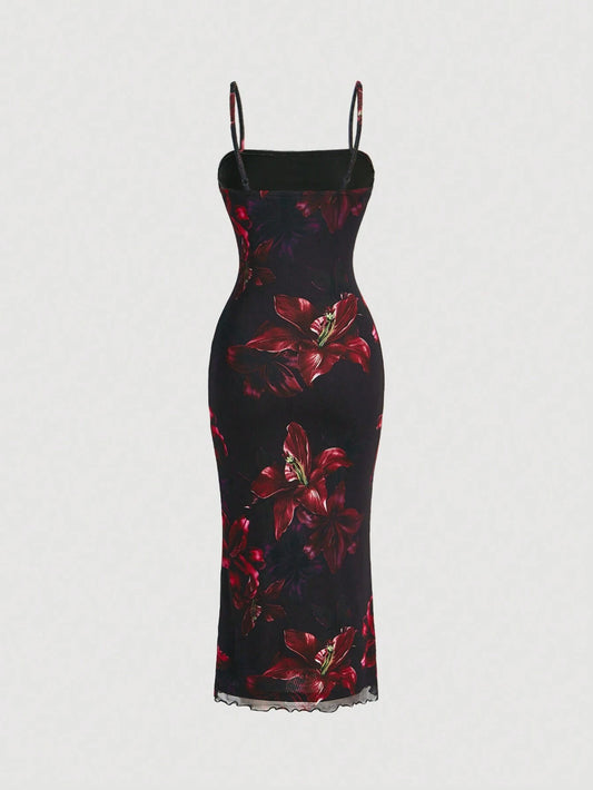 MOD Red Floral Print Mesh Slip Dress