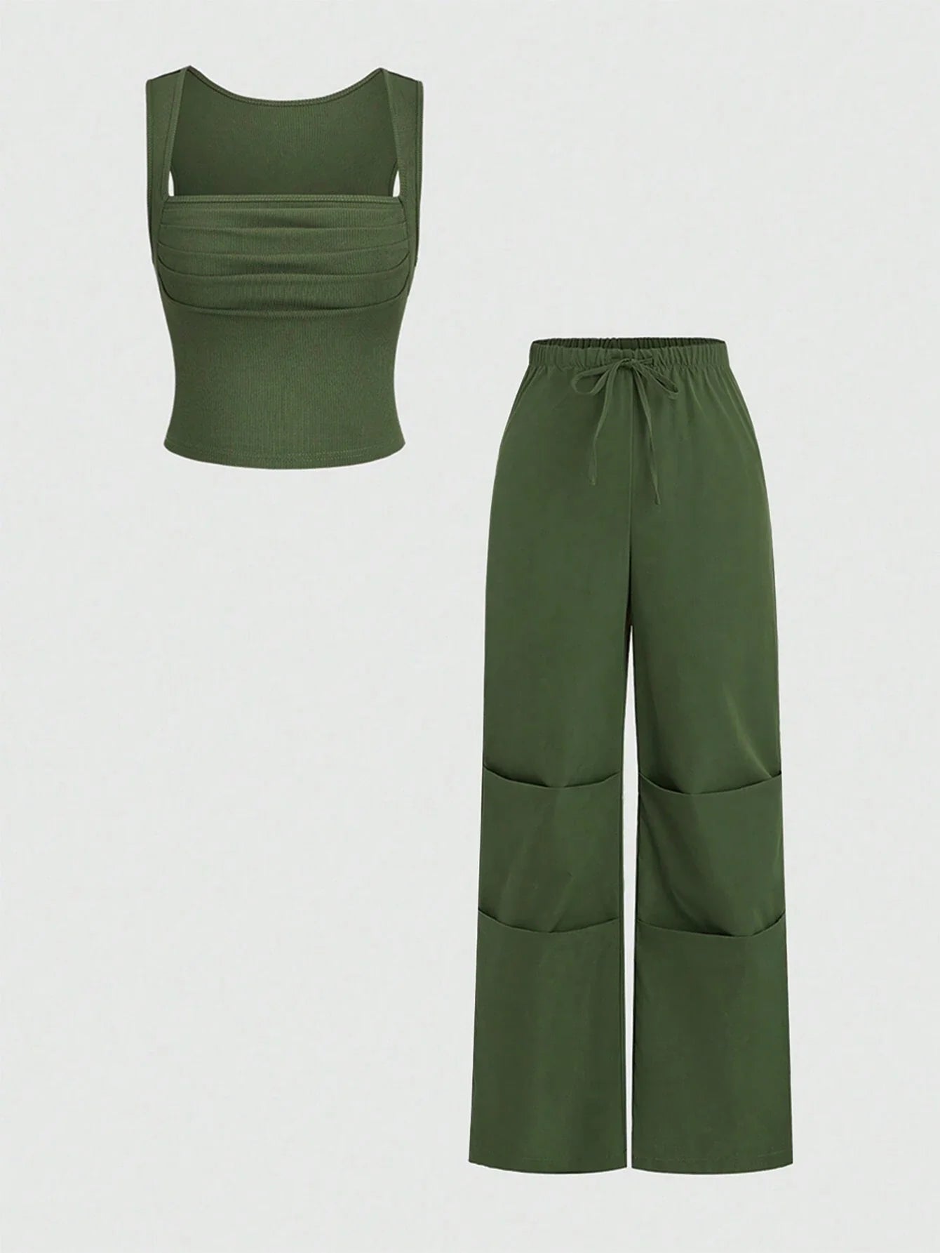 MOOSTA Solid Color Square Neck Pleated Tank Top And Drawstring Waist Pocket Pants
