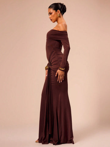 MUSERA Off Shoulder Long Sleeve Wrap Maxi Dress