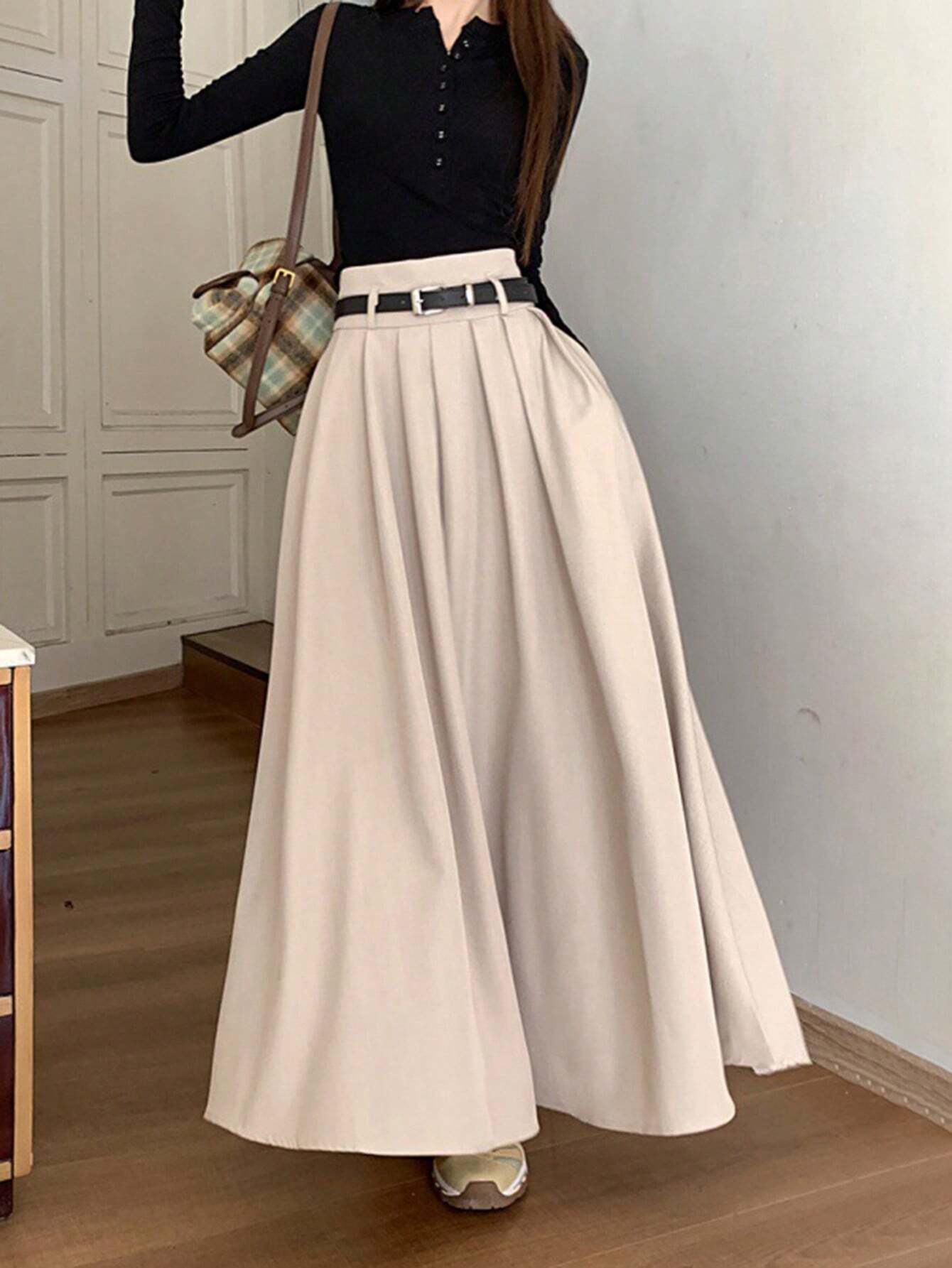 Priv� Women Solid Color High Waist Long Pleated Casual Skirt