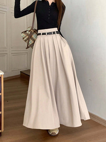 Priv� Women Solid Color High Waist Long Pleated Casual Skirt