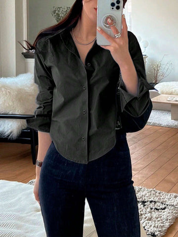 Women's Casual Solid Curved Hem Button Down Shirt