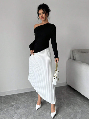 Priv� Elegant Asymmetrical Shoulder Ruffle Long Sleeve Midi Dress