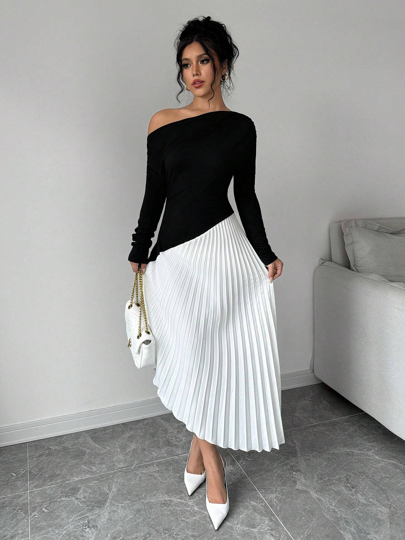 Priv� Elegant Asymmetrical Shoulder Ruffle Long Sleeve Midi Dress