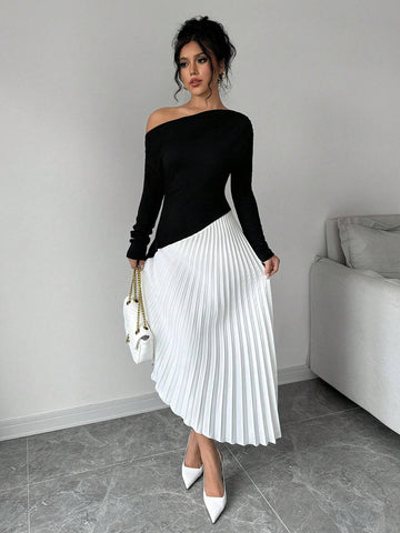Priv� Elegant Asymmetrical Shoulder Ruffle Long Sleeve Midi Dress