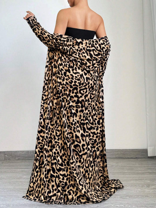 SXY 2pcs Women's Spring Summer Leopard Print Long Sleeve Maxi Jacket And Bodycon Dress Set