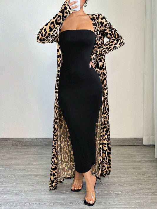 SXY 2pcs Women's Spring Summer Leopard Print Long Sleeve Maxi Jacket And Bodycon Dress Set