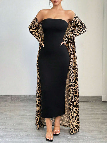 SXY 2pcs Women's Spring Summer Leopard Print Long Sleeve Maxi Jacket And Bodycon Dress Set